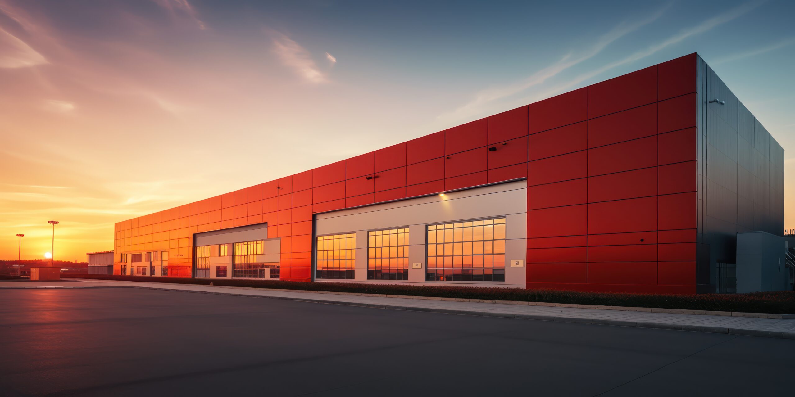 modern warehouse bathed in the glow of the setting sun.